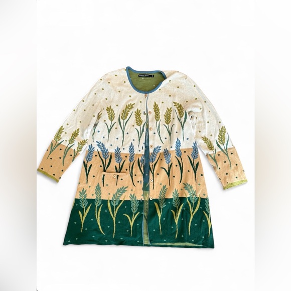 Gudrun Sjoden Sweaters - Gudrun Sjoden Long Cardigan Floral Organic Cotton Green Beige Large